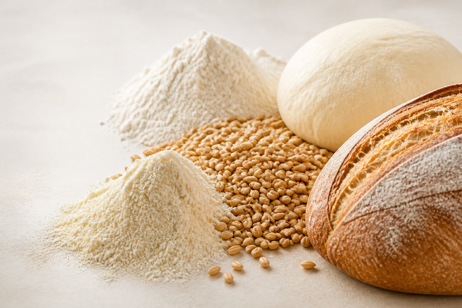 Food ingredient application scene with flour, grain, dough and bread